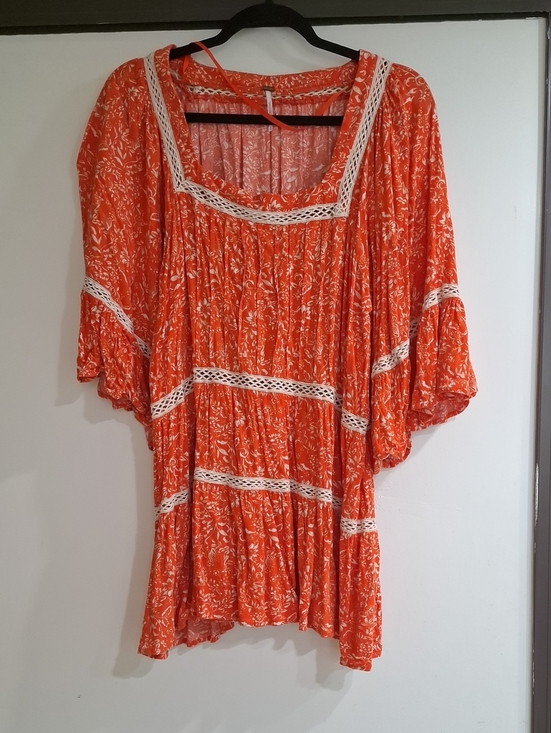 Free People Tops - Free People Bright Orange Floral Lace-Trim Tunic